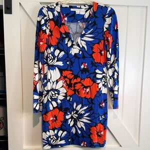Diane Von Furstenberg Blue, Red & White Floral Long Sleeve V-Neck Dress